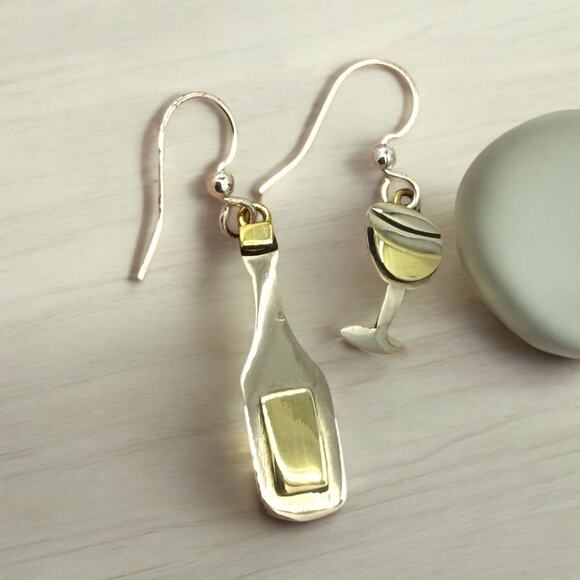 Far Fetched Wine Glass Bottle Dangle Earrings Mismatched Design Artisan Silver - Picture 4 of 5